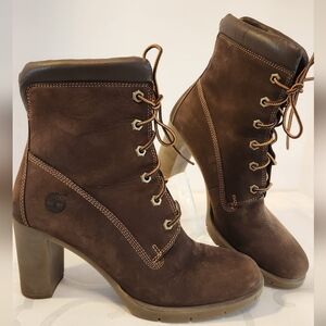Timberland Women's Brown Nubuck Suede Heeled Lace Up Boots Size 9.5